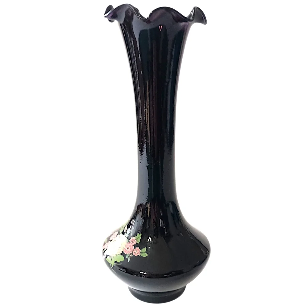 Vintage Black Amethyst Glass Bud Vase Floral Ruffled Fluted Top Edge‎ Victorian